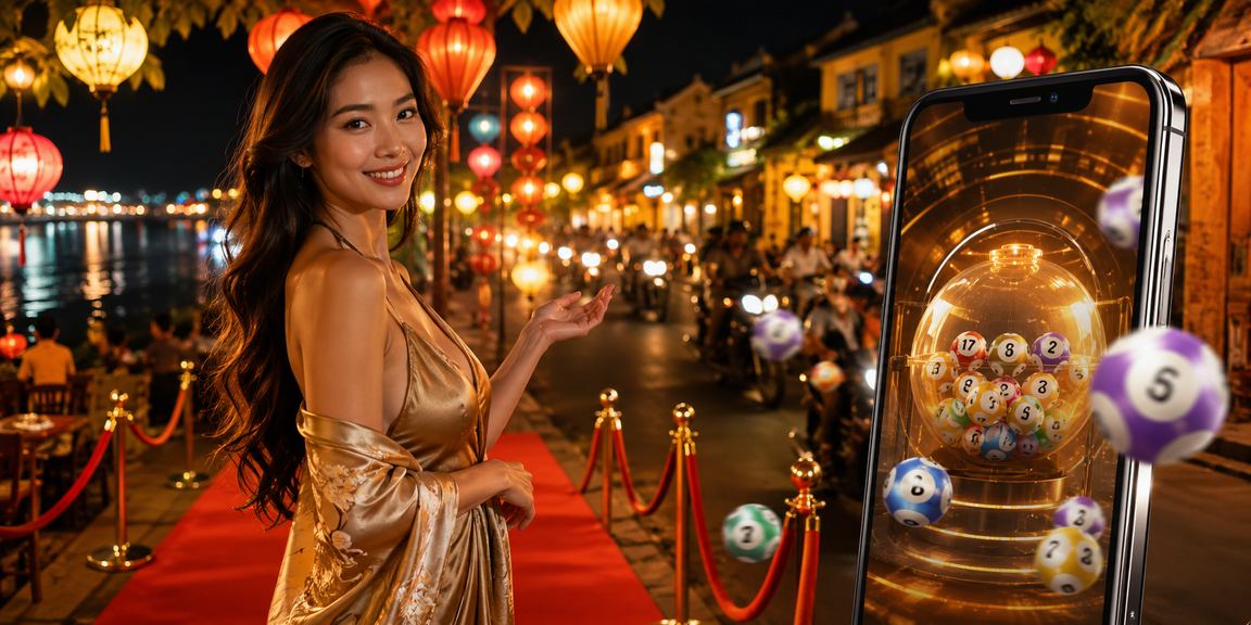 Cảnh người chơi thư giãn tại Hội An bên cốc cà phê và màn hình xổ số trực tuyến